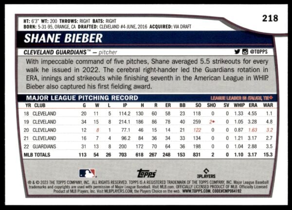 2023 Topps Big League Shane Bieber #218 (Back)