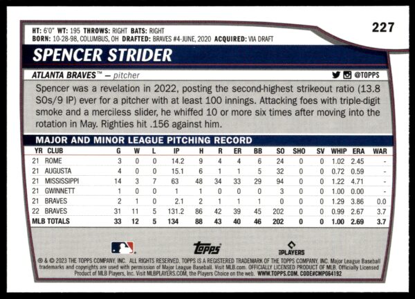 2023 Topps Big League Spencer Strider #227 (Back)