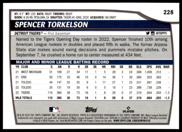 2023 Topps Big League Spencer Torkelson #228 (Back)