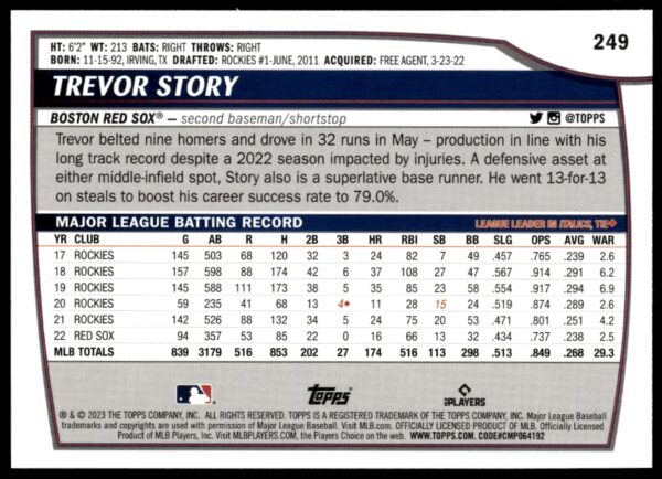 2023 Topps Big League Trevor Story #249 (Back)