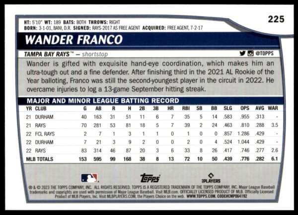 2023 Topps Big League Wander Franco Rainbow Foil #225 (Back)