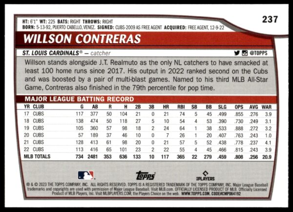 2023 Topps Big League Willson Contreras #237 (Back)