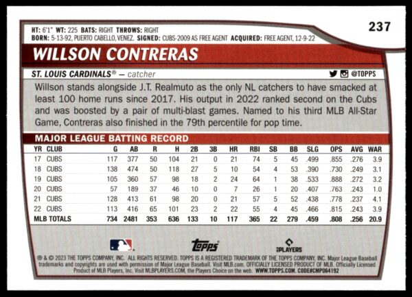 2023 Topps Big League Willson Contreras Rainbow Foil #237 (Back)