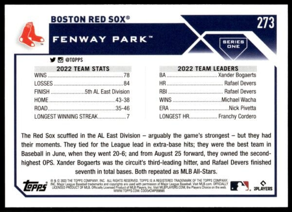 2023 Topps Series 1 Boston Red Sox #273 (Back)