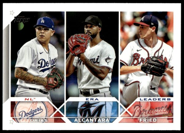 2023 Topps Series 1 NL ERA Leaders (Julio Urias / Sandy Alcantara / Max Fried) #211 (Front)