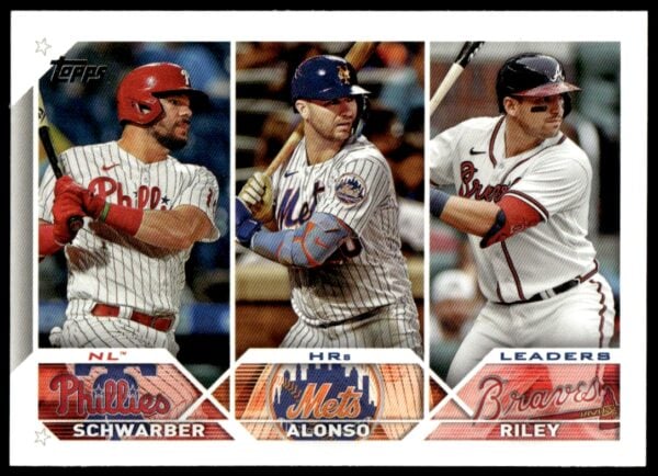 2023 Topps Series 1 NL HRs Leaders (Kyle Schwarber / Pete Alonso / Austin Riley) #178 (Front)