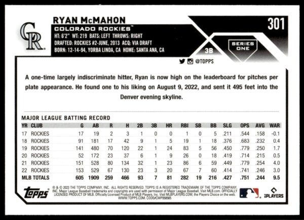 2023 Topps Series 1 Ryan McMahon #301 (Back)