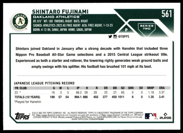 2023 Topps Series 1 Shintaro Fujinami #97 (Back)