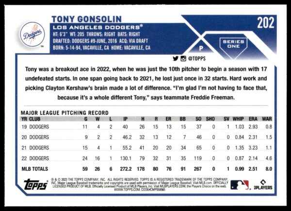 2023 Topps Series 1 Tony Gonsolin #202 (Back)