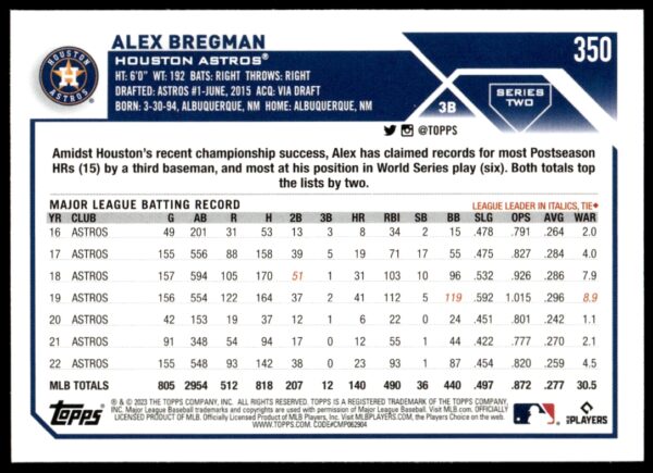 2023 Topps Series 2 Alex Bregman #350 (Back)