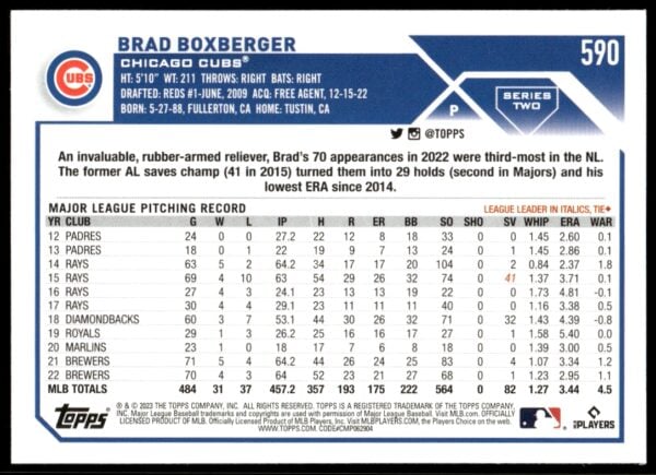 2023 Topps Series 2 Brad Boxberger #590 (Back)