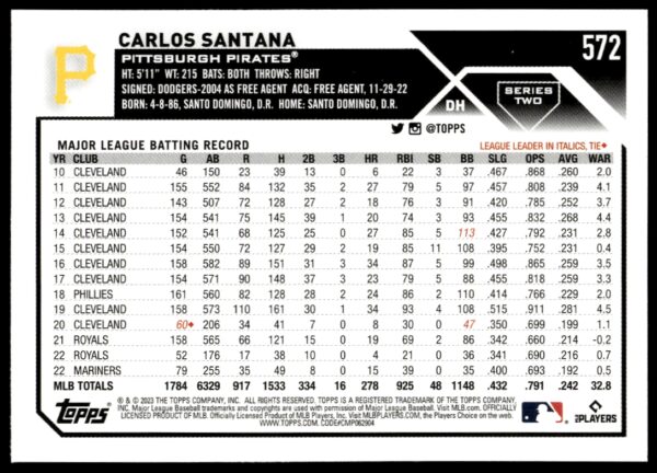 2023 Topps Series 2 Carlos Santana #572 (Back)