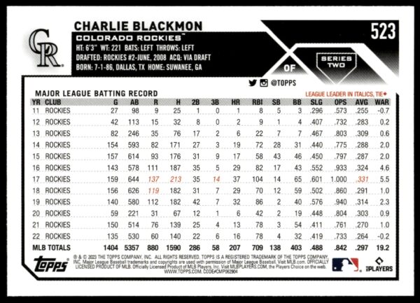 2023 Topps Series 2 Charlie Blackmon #523 (Back)