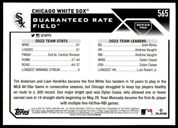 2023 Topps Series 2 Chicago White Sox #565 (Back)