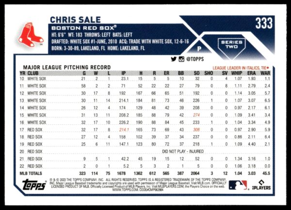 2023 Topps Series 2 Chris Sale #333 (Back)