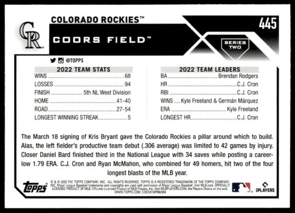 2023 Topps Series 2 Colorado Rockies #445 (Back)