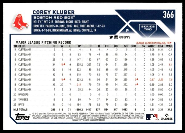 2023 Topps Series 2 Corey Kluber #366 (Back)