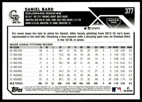 2023 Topps Series 2 Daniel Bard #377 (Back)