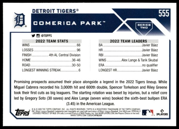 2023 Topps Series 2 Detroit Tigers #555 (Back)