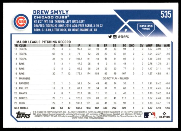 2023 Topps Series 2 Drew Smyly #535 (Back)