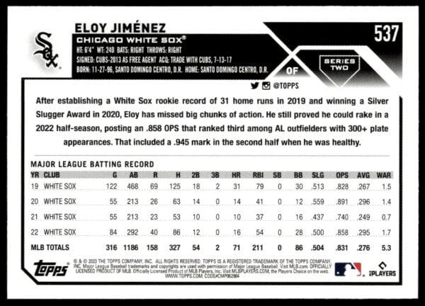 2023 Topps Series 2 Eloy Jimenez #537 (Back)