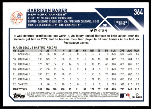 2023 Topps Series 2 Harrison Bader #364 (Back)