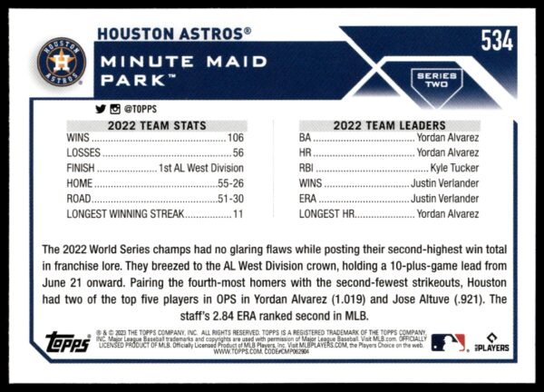 2023 Topps Series 2 Houston Astros #534 (Back)