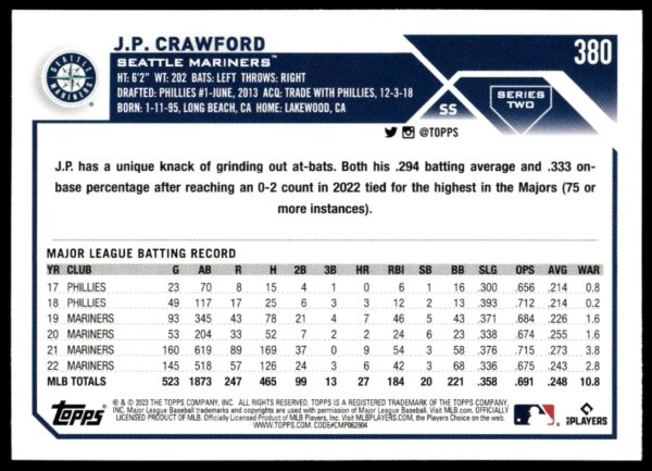 2023 Topps Series 2 J.P. Crawford #380 (Back)