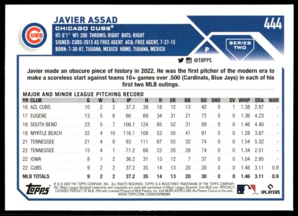 2023 Topps Series 2 Javier Assad #444 (Back)