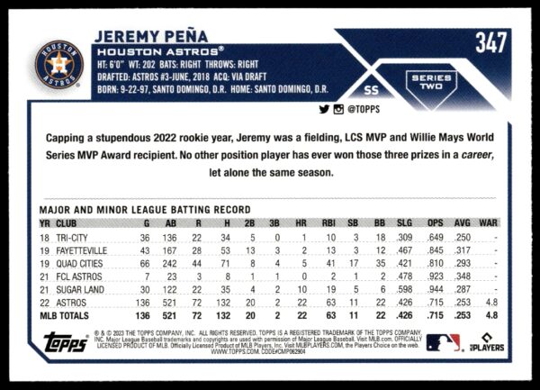 2023 Topps Series 2 Jeremy Peña #347 (Back)