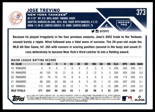 2023 Topps Series 2 Jose Trevino #373 (Back)