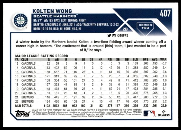 2023 Topps Series 2 Kolten Wong #407 (Back)