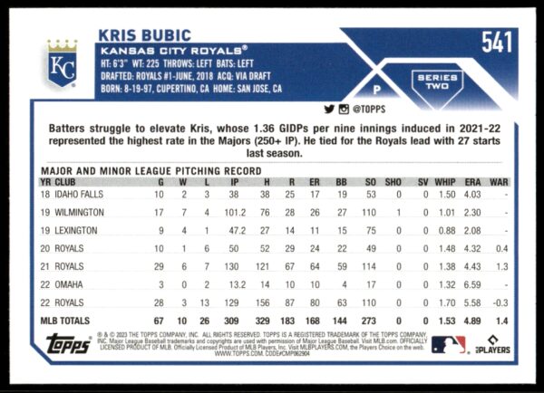 2023 Topps Series 2 Kris Bubic #541 (Back)