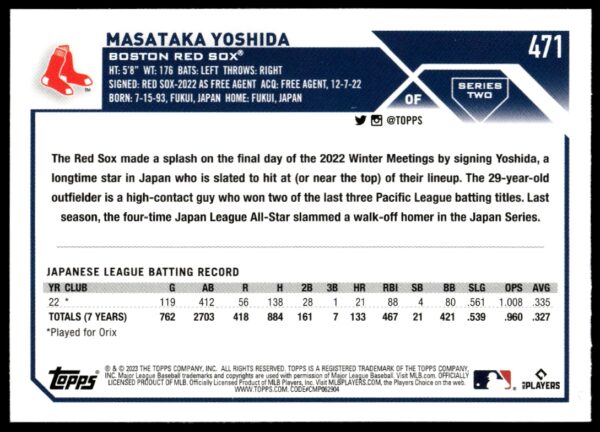 2023 Topps Series 2 Masataka Yoshida #471 (Back)