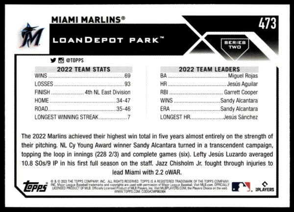 2023 Topps Series 2 Miami Marlins #473 (Back)