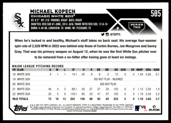 2023 Topps Series 2 Michael Kopech #585 (Back)