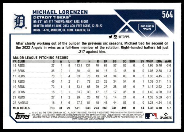 2023 Topps Series 2 Michael Lorenzen #564 (Back)