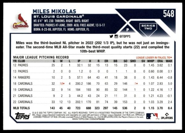 2023 Topps Series 2 Miles Mikolas #548 (Back)