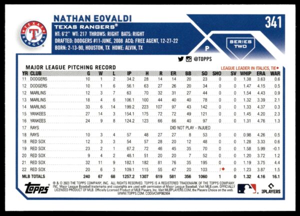 2023 Topps Series 2 Nathan Eovaldi #341 (Back)