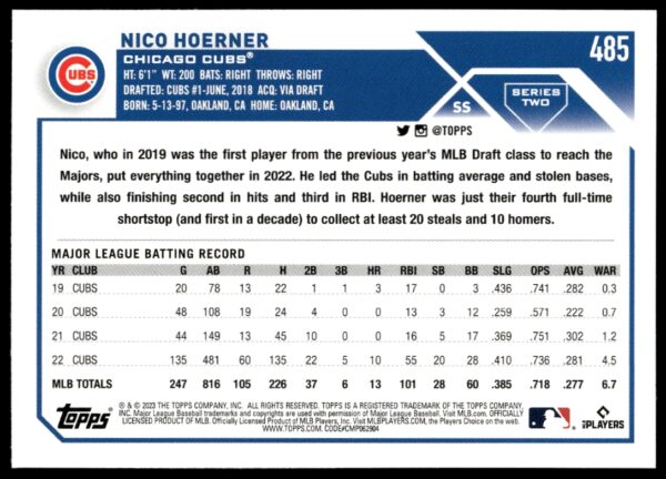 2023 Topps Series 2 Nico Hoerner #485 (Back)