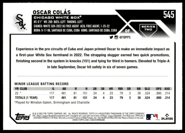 2023 Topps Series 2 Oscar Colas #545 (Back)