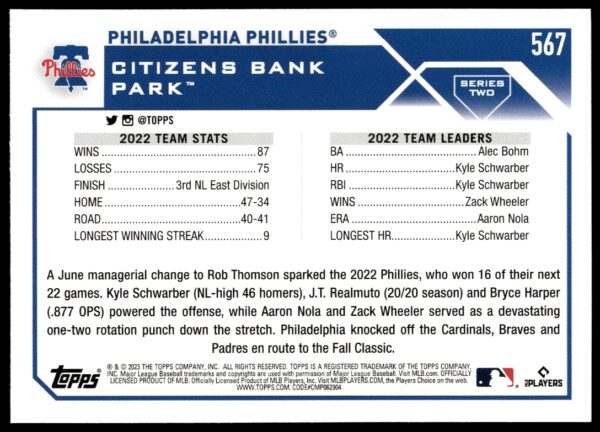 2023 Topps Series 2 Philadelphia Phillies #567 (Back)