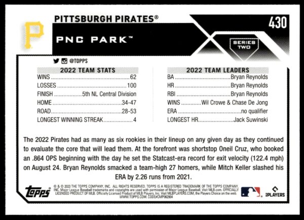 2023 Topps Series 2 Pittsburgh Pirates #430 (Back)