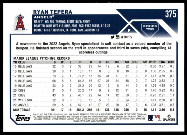 2023 Topps Series 2 Ryan Tepera #375 (Back)