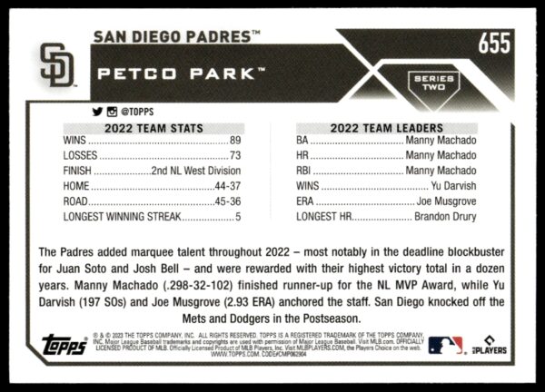 2023 Topps Series 2 San Diego Padres #655 (Back)