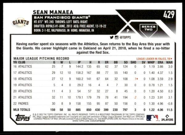 2023 Topps Series 2 Sean Manaea #429 (Back)