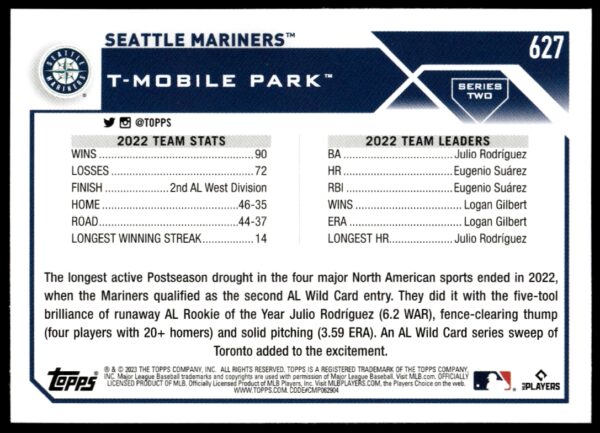 2023 Topps Series 2 Seattle Mariners #627 (Back)