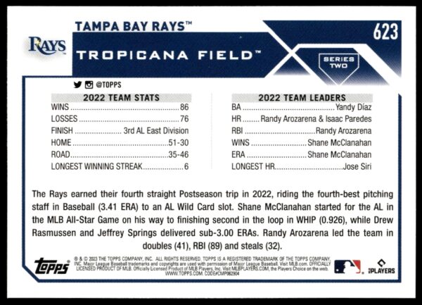 2023 Topps Series 2 Tampa Bay Rays #623 (Back)