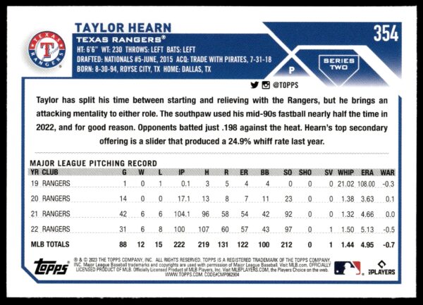 2023 Topps Series 2 Taylor Hearn #354 (Back)