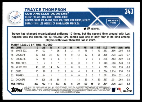 2023 Topps Series 2 Trayce Thompson #343 (Back)